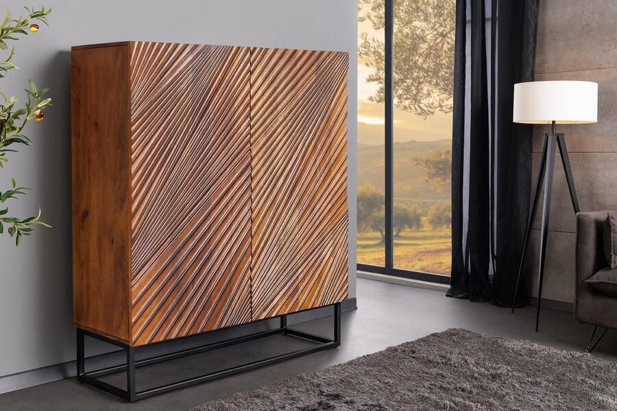 Invicta Interior Massief Highboard ART 120cm Bruin Mango Hout 3D Design Zwart Metaal 45304
