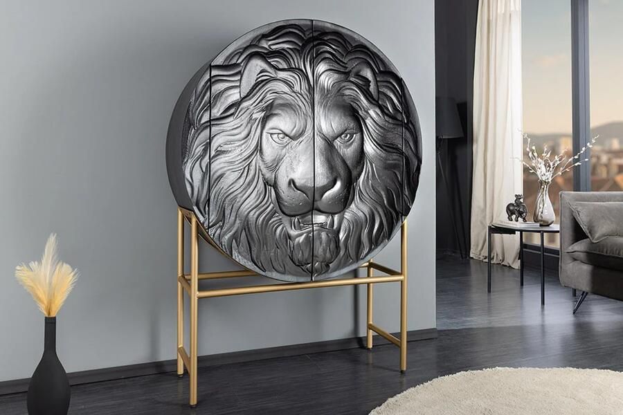 Invicta Interior Massief Highboard LION 140cm Zwart Goud Mango Hout 3D Houtsnijwerk Kunstwerk 45850