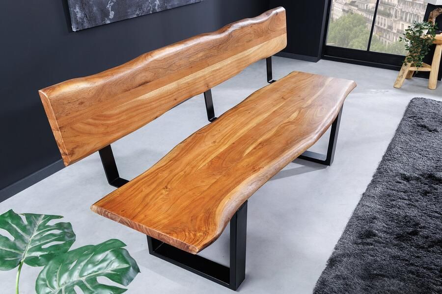 Invicta Interior Massief houten bank MAMMUT 160cm natuurlijke acaciaboom rand met rugleuning zwart metalen frame 46153