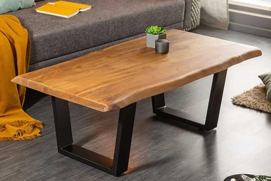 Invicta Interior Massief houten boomstam salontafel MAMMUT 110 cm acacia zwart metalen frame 3 5 cm tafelblad 40014