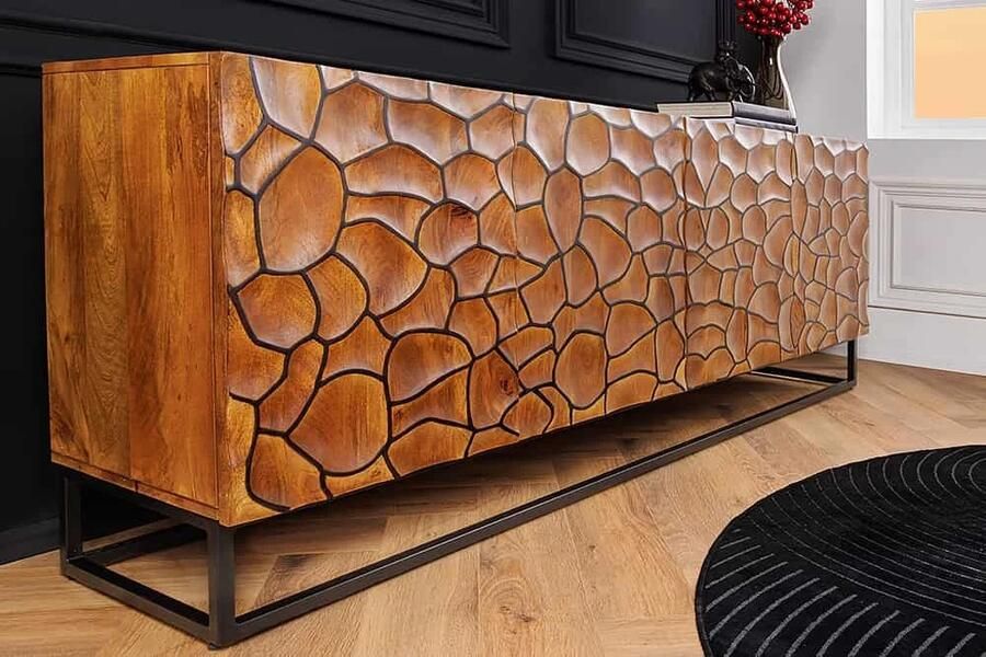 Invicta Interior Massief houten dressoir VULCANO 180cm bruin mangohout met 3D houtsnijwerk handgemaakt metalen frame zwart 44651