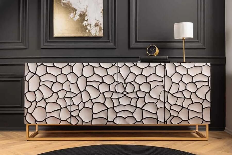 Invicta Interior Massief houten dressoir VULCANO 180cm wit zwart mangohout met 3D houtsnijwerk handgemaakt metalen frame goud 44646