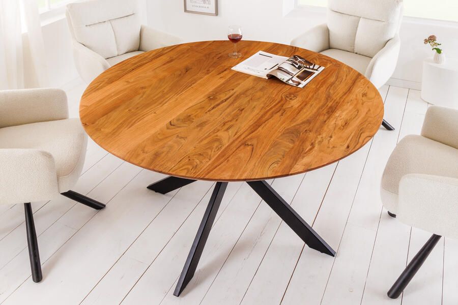 Invicta Interior Massief houten eettafel GALAXIE 130 cm rond acacia naturel zwart metalen frame 42373