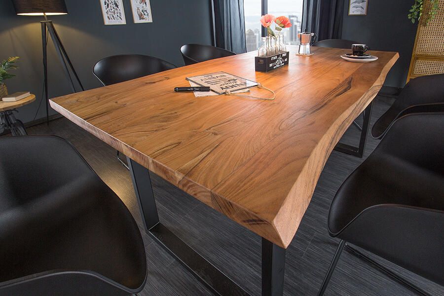 Invicta Interior Massief houten eettafel MAMMUT 160 cm Wilde Acaciaboomrand Zwart Slee Voet 3 5 cm Tafelblad 43484