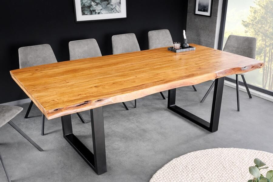 Invicta Interior Massief houten eettafel MAMMUT 200cm acacia U-frame zwart metalen boomrand 5cm tafelblad 43789