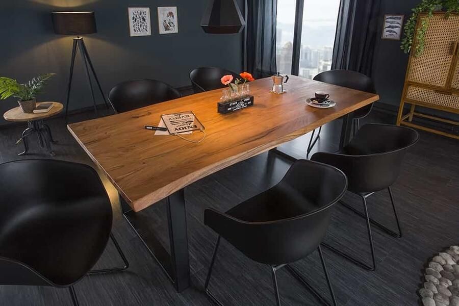 Invicta Interior Massief houten eettafel MAMMUT 200 cm acacia 3 5 cm tafelblad boomrand metaal zwart 44512