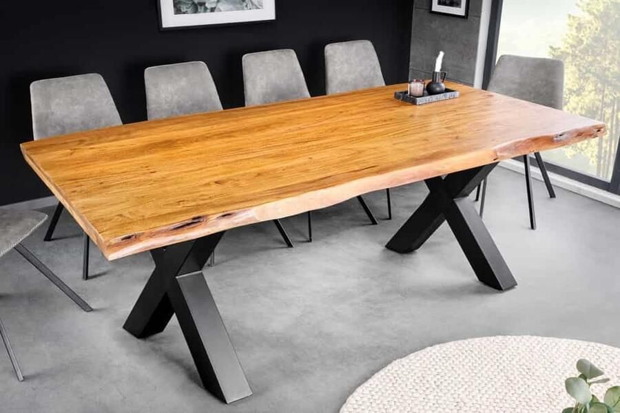 Invicta Interior Massief houten eettafel MAMMUT 200 cm Acacia X-Frame zwart metalen boomrand 5 cm tafelblad 6043787