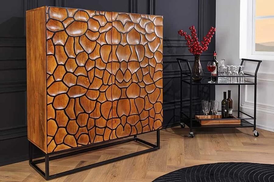 Invicta Interior Massief houten highboard VULCANO 120cm bruin mangohout met 3D houtsnijwerk handgemaakt metalen frame zwart 44650 - Foto 2