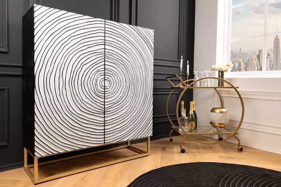 Invicta Interior Massief houten hoge kast ZEN CIRCLES 120cm wit zwart mangohout 3D design metaal goud 44492 - Foto 3