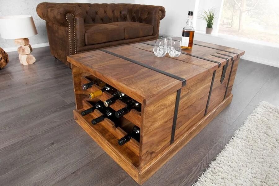Invicta Interior Massief houten salontafel BODEGA 100 cm Sheesham steenafwerking barkast voor thuis 39060