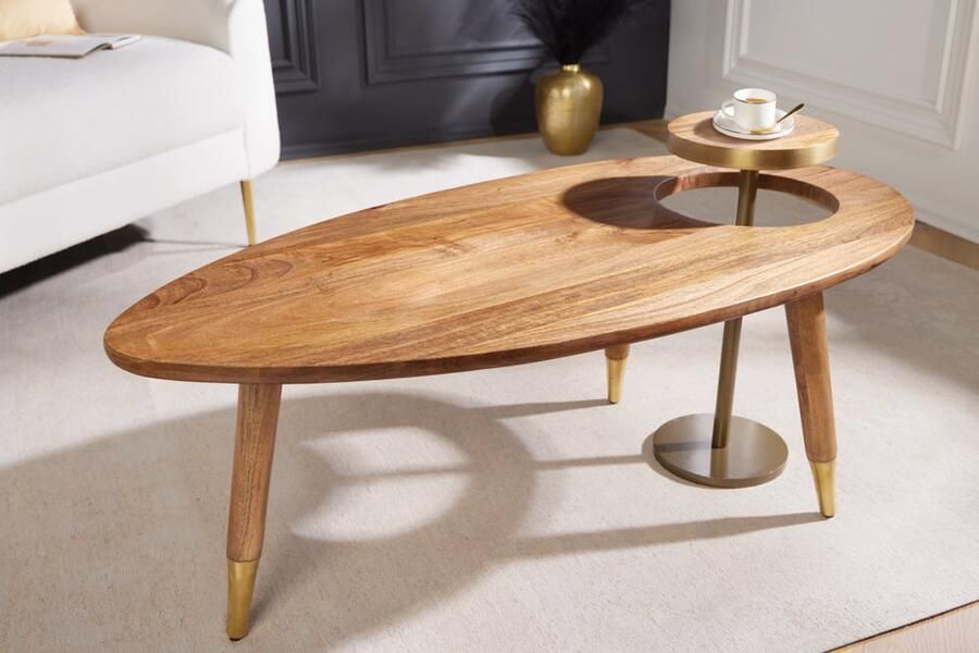 Invicta Interior Massief houten salontafel GATSBY 110 cm bruin goud mango ovale ronde bijzettafel set van 2 retro design 43348