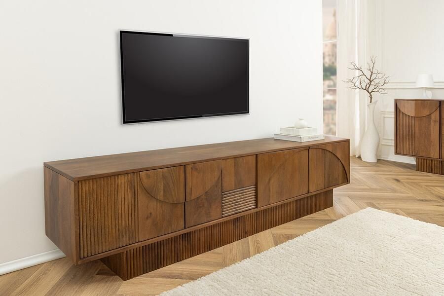 Invicta Interior Massief houten TV Lowboard ART DECO 200cm Bruin Gerookt Mangohout 3D Front 45479