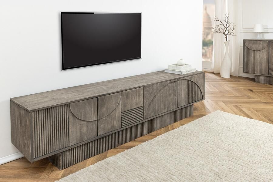 Invicta Interior Massief houten TV Lowboard ART DECO 200cm Grijs Gerookt Mangohout 3D Front 45481