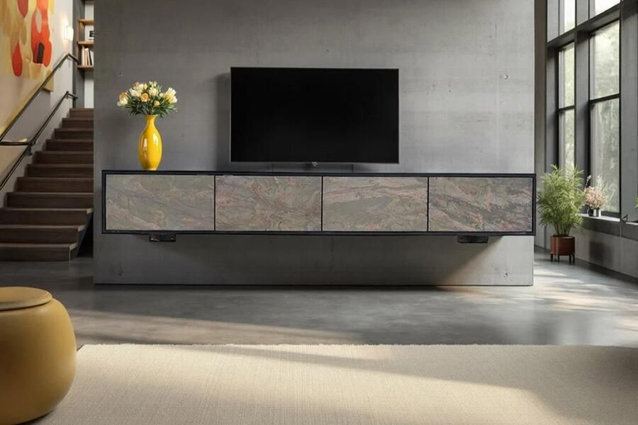Invicta Interior Massief houten TV lowboard MOUNTAIN SOUL 200cm acacia groen brons hangend natuursteen zwart 46112