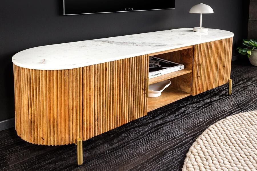 Invicta Interior Massief tv-bord TRES CHIC 140cm bruin mangohout wit marmer met veel opbergruimte 45756