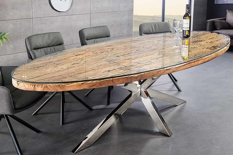Invicta Interior Massieve eettafel BARRACUDA 220cm bruin teakhout zilver steronderstel glazen blad 43626