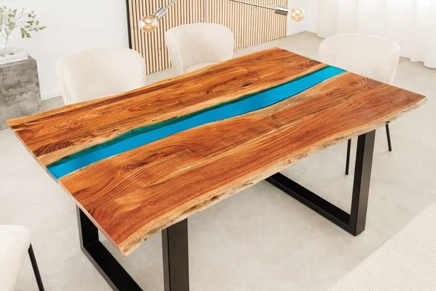 Invicta Interior Massieve eettafel LIQUID 160cm bruin acaciahout boomrand zwart ijzer blauw 45831