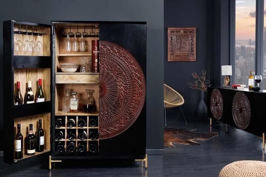 Invicta Interior Massieve XXL barkast MANDALA 140 cm mangohout zwart goud metalen frame snijwerk 41106 - Foto 2
