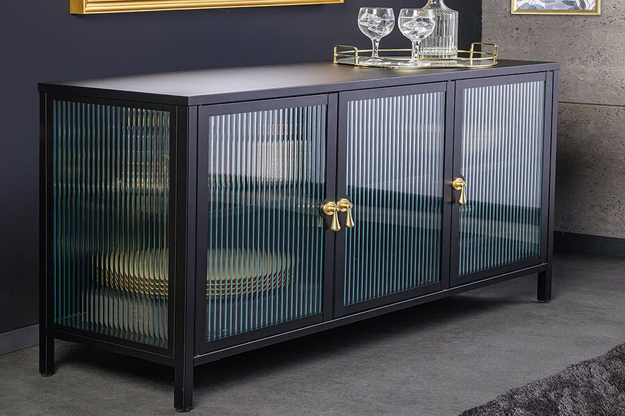 Invicta Interior Modern dressoir AMSTERDAM 105cm Zwart Goud Geruite Glazen Metalen Vitrinekast 43534