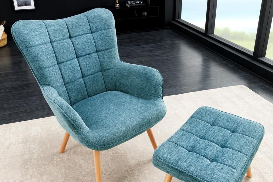 Invicta Interior Moderne fauteuil SCANDINAVIA blauw getextureerde massief houten poten met armleuningen 44024