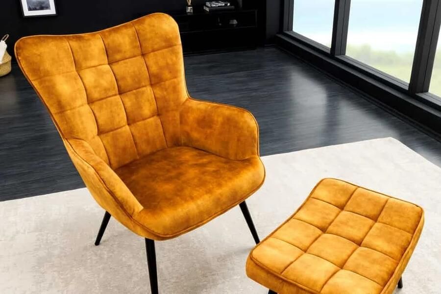 Invicta Interior Moderne fauteuil SCANDINAVIA mosterdgeel fluweel zwart metalen poten met armleuningen 44019 - Foto 2