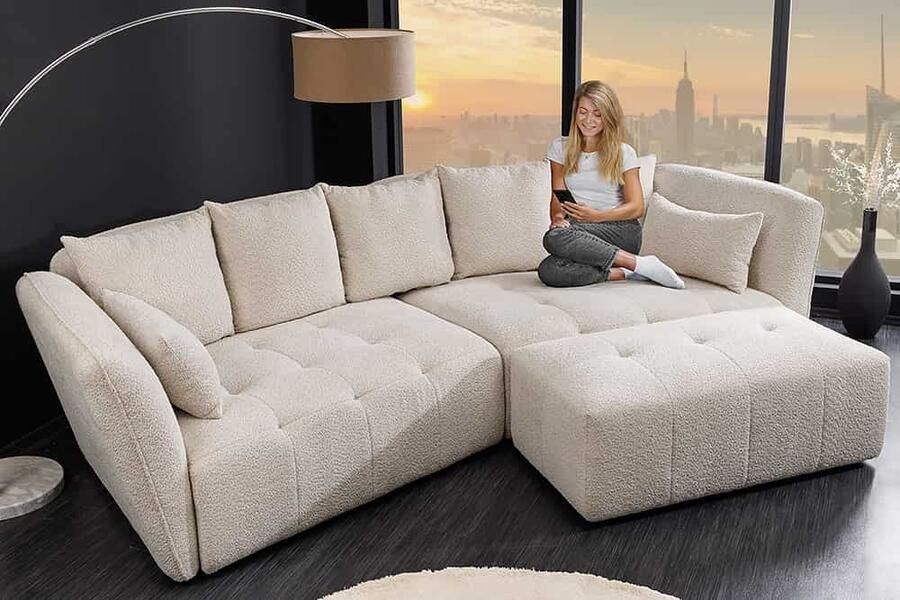 Invicta Interior Moderne grote bank ROYAL 295 cm champagne beige Bouclé lente kern XXL bank 44336
