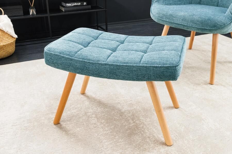 Invicta Interior Moderne kruk SCANDINAVIA Blauwe getextureerde stof Massief houten poten voetenbank 44030