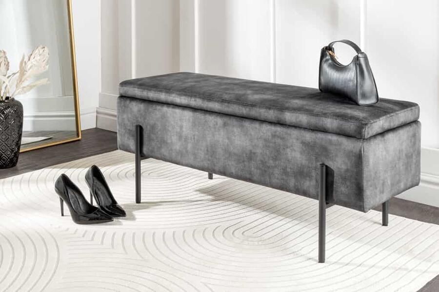 Invicta Interior Moderne ladekast LOFT 100cm grijs fluwelen bank met opbergruimte bekleed met zwart metaal 44328