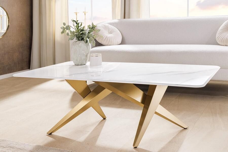 Invicta Interior Moderne salontafel ART LIVING 130cm wit marmer keramiek champagne goud geborsteld 46204