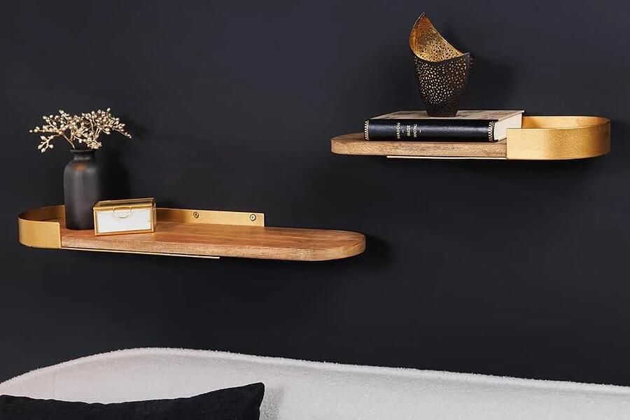 Invicta Interior Moderne set van 2 wandplanken PURE NATURE 60cm goud mangohout massief metaal handgemaakt 43501