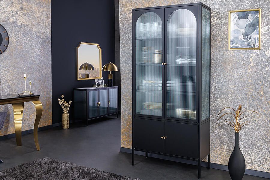 Invicta Interior Moderne vitrinekast PARIS 180 cm zwart goud dammen glazen metalen highboard kast 43330