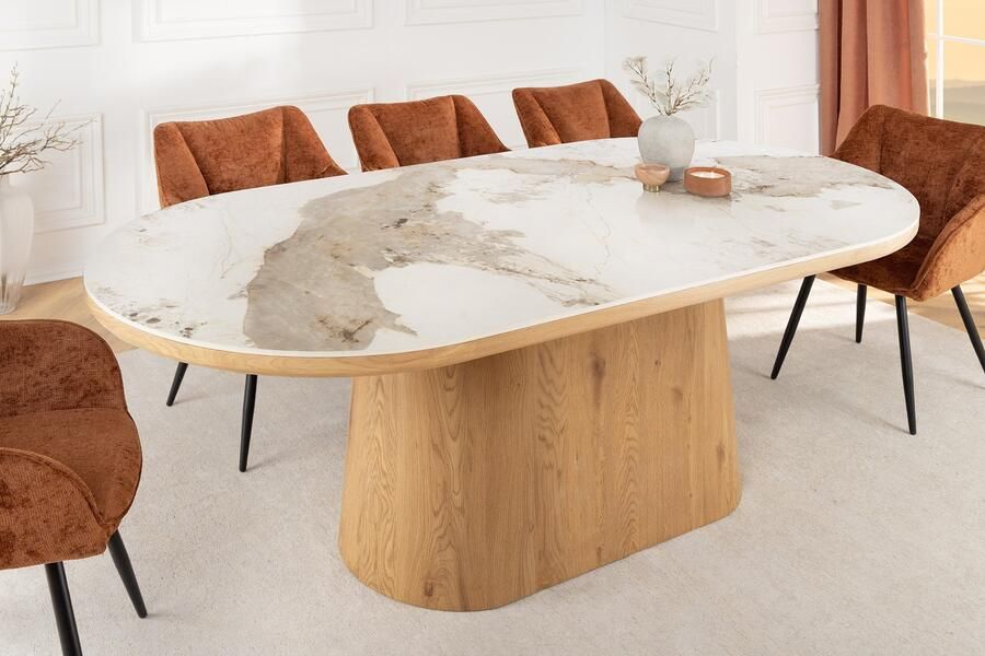 Invicta Interior Ovale eettafel UNIQUE 200 cm wit natuurlijk keramiek eiken kolomvoet 46381