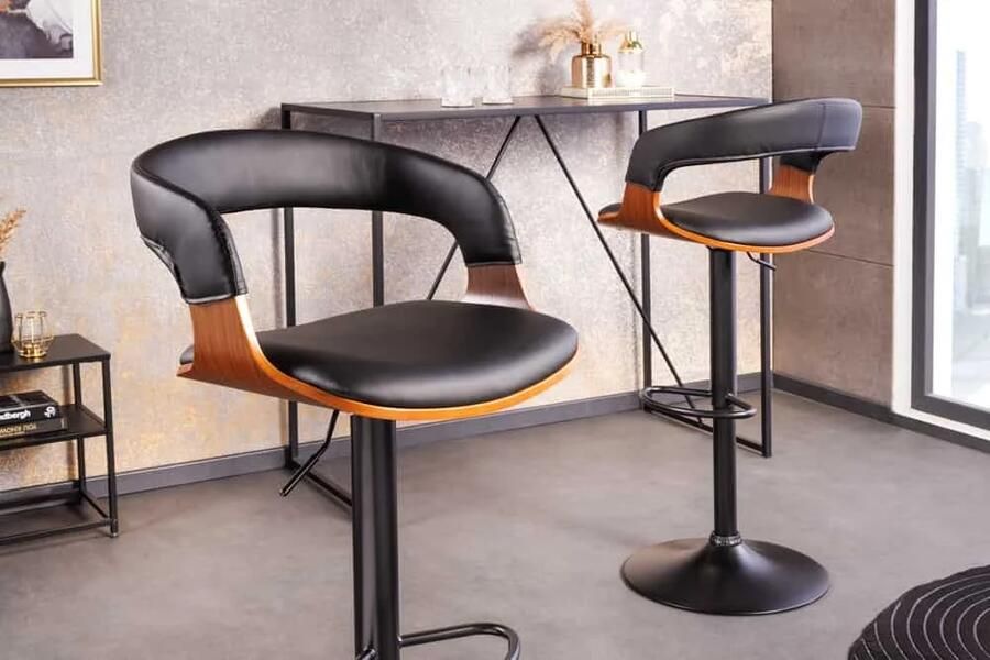 Invicta Interior Retro barkruk MANHATTAN zwart kunstleer walnoothout met draaibare rugleuning in hoogte verstelbaar 44196 - Foto 2