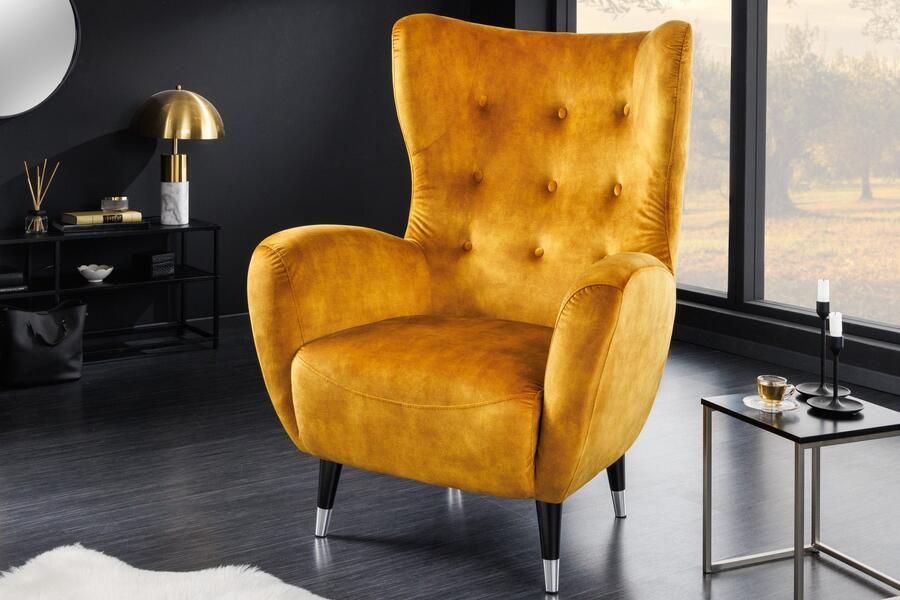 Invicta Interior Retro Design Fauteuil DON Mosterdgeel Fluweel Lente Zilveren Neus 45971