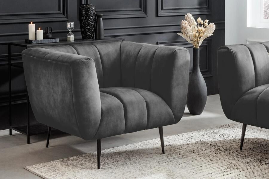 Invicta Interior Retro fauteuil NOBLESSE 105cm grijs fluweel zwart metalen poten lente kern decoratief stiksel 44540