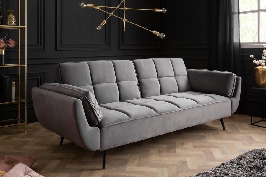 Invicta Interior Retro slaapbank BOUTIQUE 215cm grijs fluwelen 3-zits met zwarte poten 40567