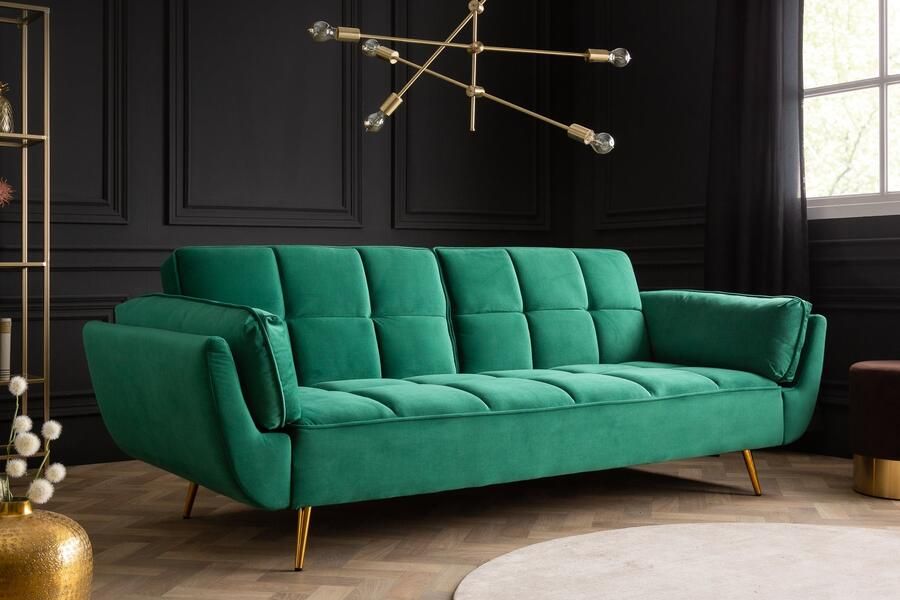 Invicta Interior Retro slaapbank BOUTIQUE 215cm smaragdgroen fluweel 3 zits met gouden poten 40566