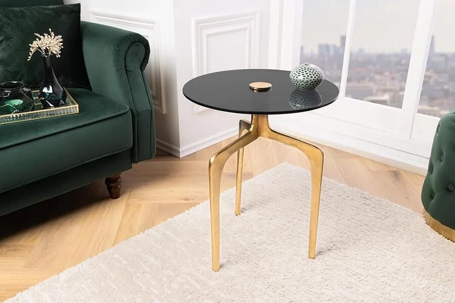 Invicta Interior Ronde Bijzettafel ABSTRACT 60cm messing gouden metalen poten zwart glas handgemaakt 43495 - Foto 2
