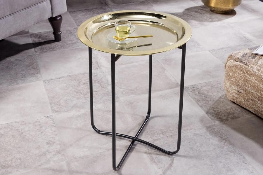 Invicta Interior Ronde bijzettafel CASABLANCA 50cm messing goud zwart dienblad uitneembaar opvouwbaar 44353 - Foto 2