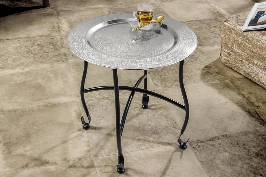 Invicta Interior Ronde Bijzettafel MARRAKECH 40cm Zilveren Theetafel Uitneembaar Dienblad Opvouwbaar 44354