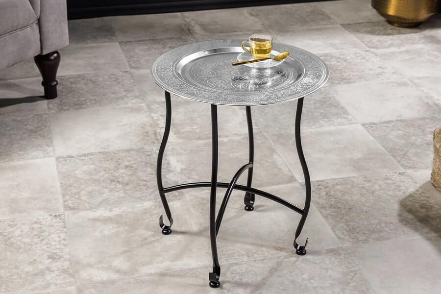Invicta Interior Ronde Bijzettafel MARRAKECH 50cm Zilveren Theetafel Uitneembaar Dienblad Opvouwbaar 44347