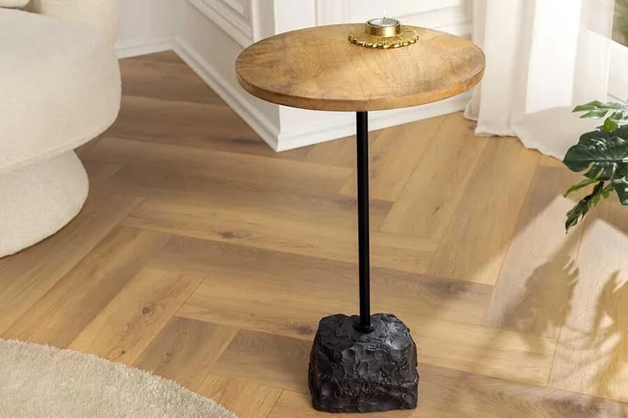 Invicta Interior Ronde bijzettafel TRAYFUL 55cm natuurlijk mangohout massief hout marmeren onderstel metaal zwart 43499