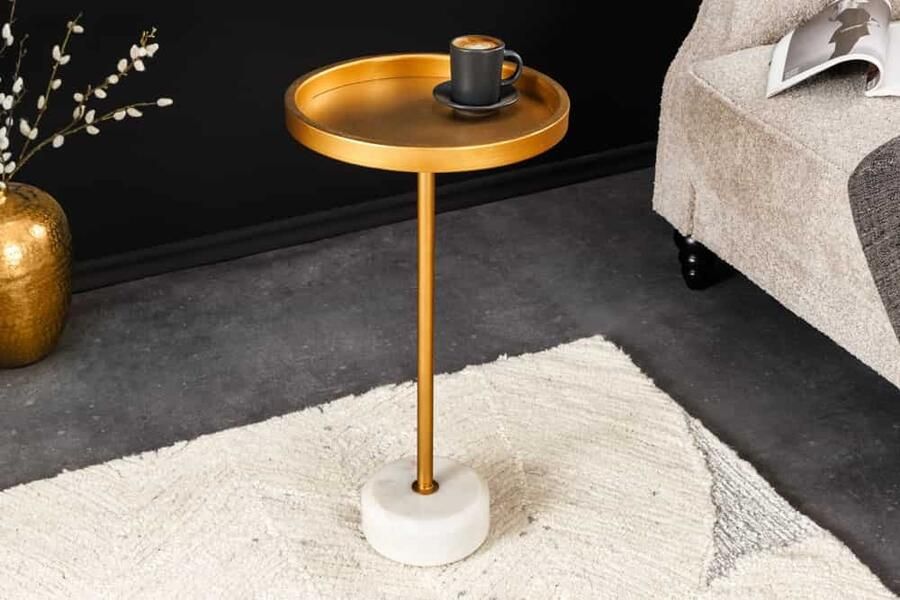 Invicta Interior Ronde bijzettafel TRAYFUL 60cm goud ijzer wit marmeren voet handgemaakt 44849