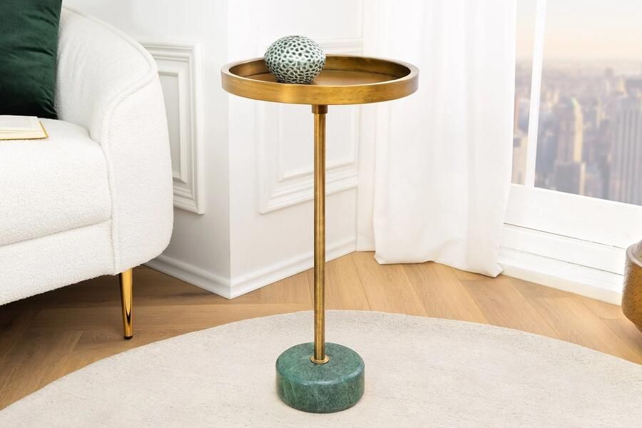 Invicta Interior Ronde Bijzettafel TRAYFUL 60cm Messing Antiek IJzer Groen Marmeren Voet Handgemaakt 44848