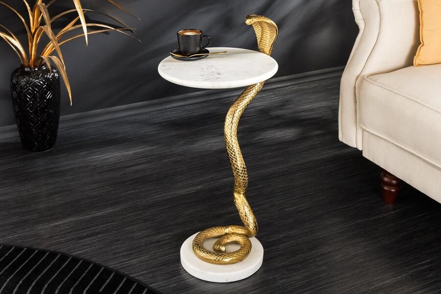 Invicta Interior Ronde bijzettafel WILDLIFE COBRA 65cm goud wit marmer slang sculptuur handgemaakt 44830