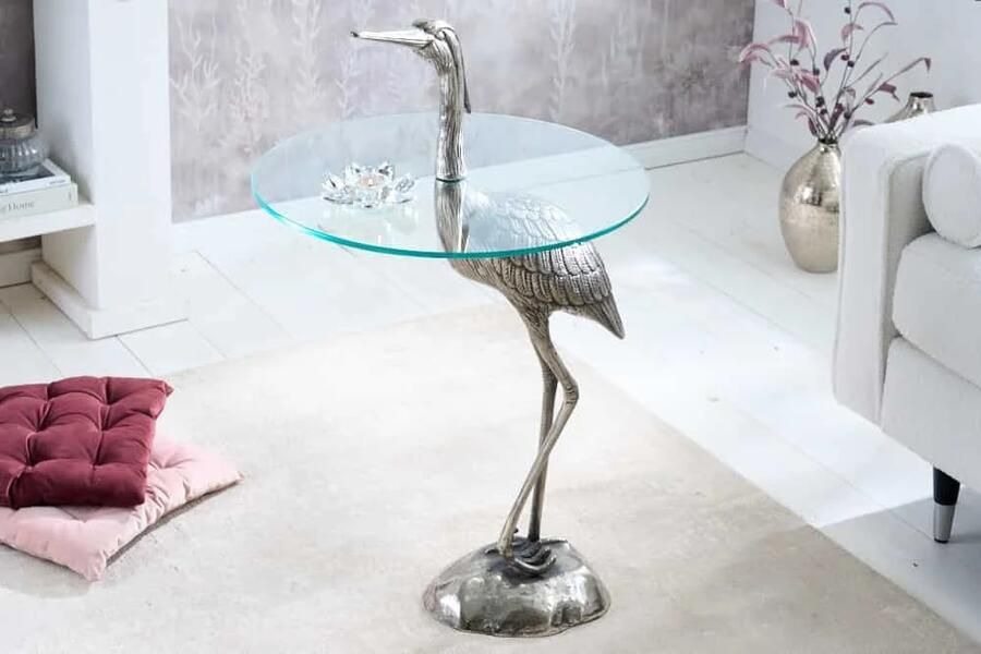 Invicta Interior Ronde bijzettafel WILDLIFE HERON 90cm zilveren metalen glazen reigersculptuur handgemaakt 43514