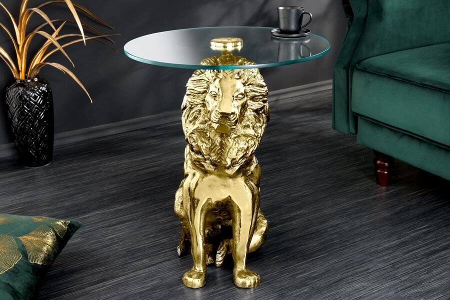 Invicta Interior Ronde bijzettafel WILDLIFE LION 60cm Goud Antiek Metaal Glas Leeuw Sculptuur 44827 - Foto 2