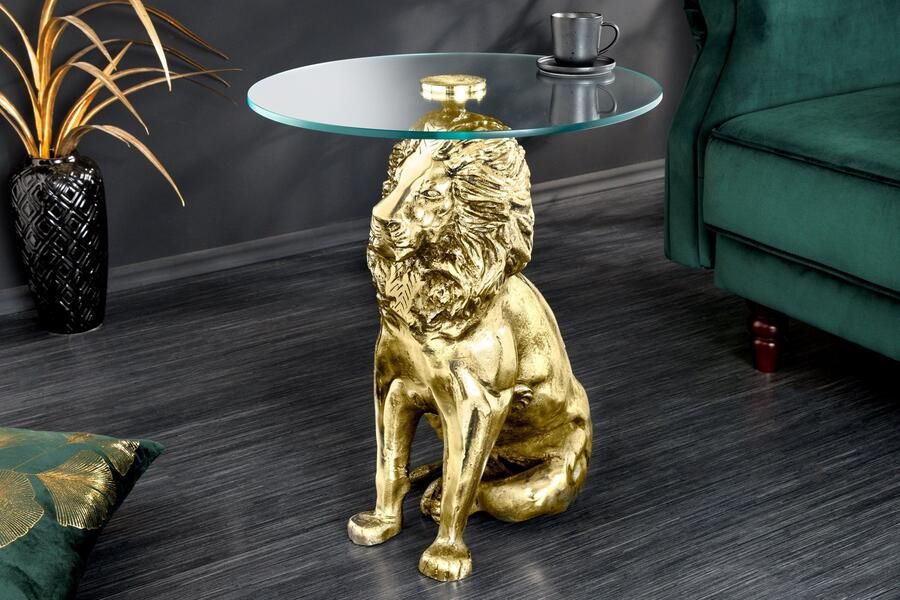 Invicta Interior Ronde bijzettafel WILDLIFE LION 60cm Goud Antiek Metaal Glas Leeuw Sculptuur 44827 - Foto 3