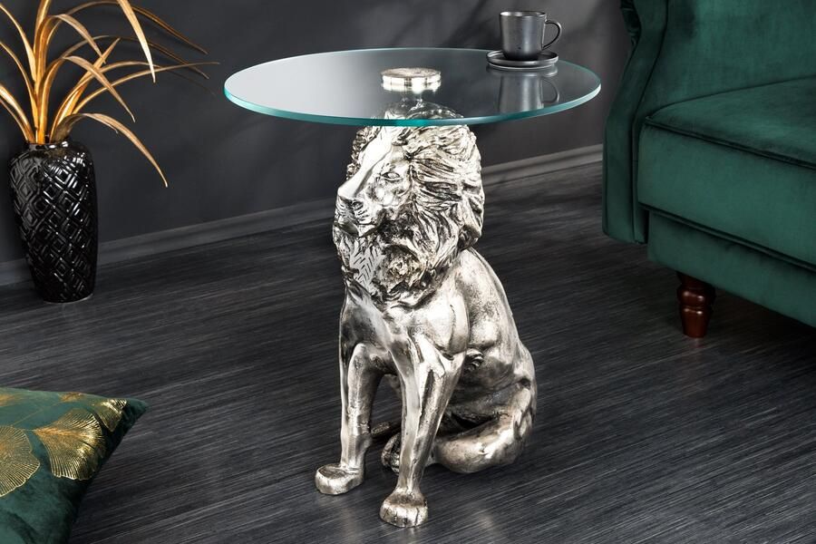 Invicta Interior Ronde bijzettafel WILDLIFE LION 60cm Zilver Antiek Metaal Glas Leeuw Sculptuur 44826