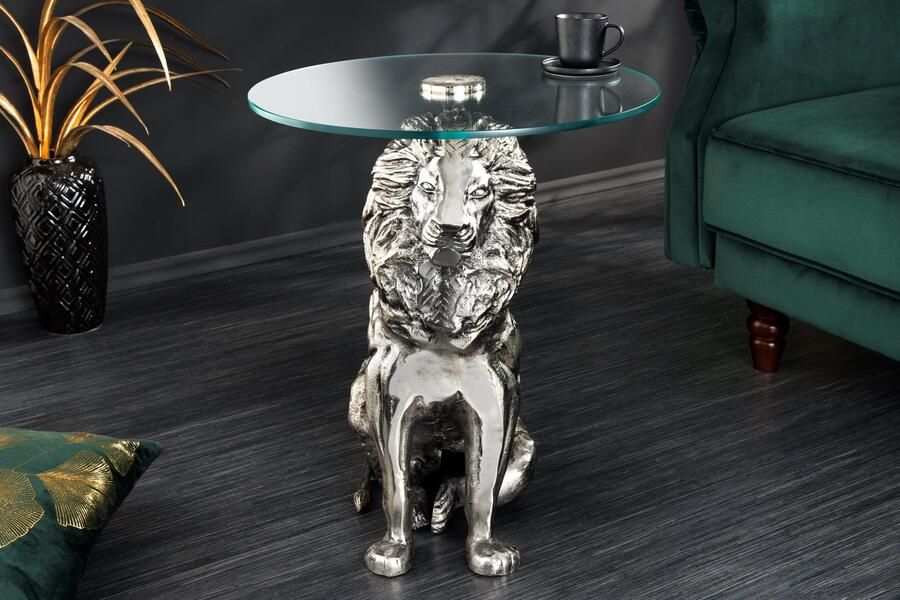 Invicta Interior Ronde bijzettafel WILDLIFE LION 60cm Zilver Antiek Metaal Glas Leeuw Sculptuur 44826 - Foto 2